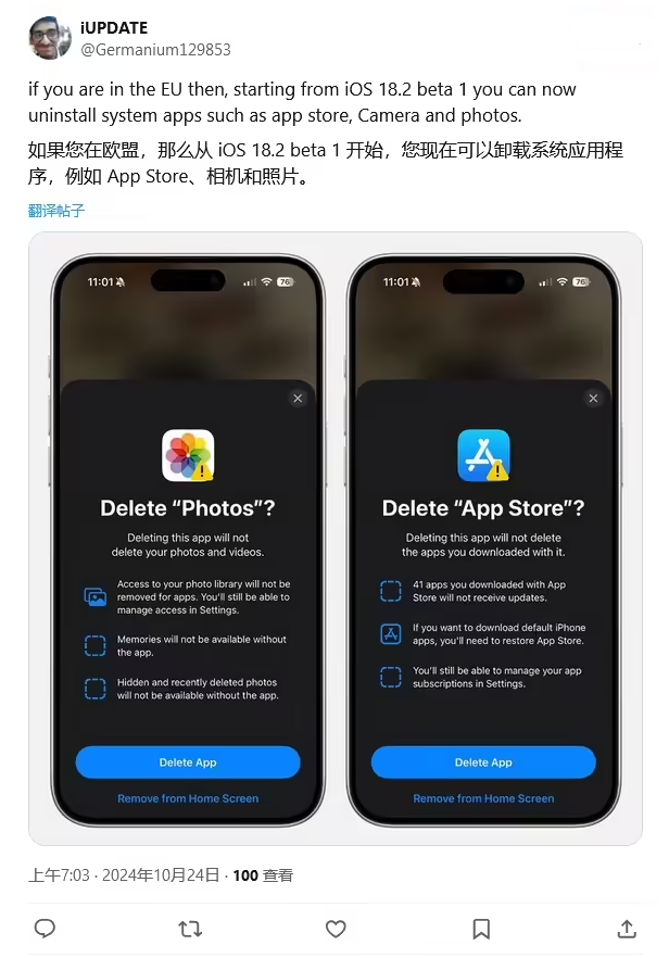 舞钢苹果手机维修分享iOS 18.2 支持删除 App Store 应用商店 