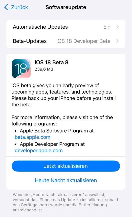 舞钢苹果手机维修分享苹果 iOS / iPadOS 18 开发者预览版 Beta 8 发布 